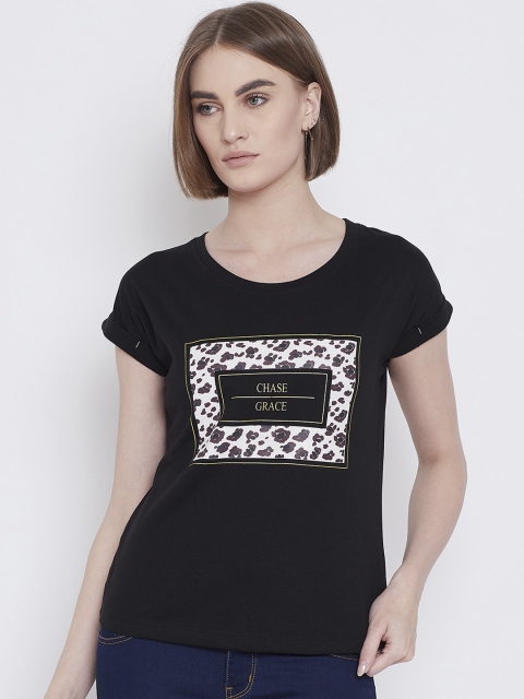 

METTLE Women Black Printed Round Neck T-shirt
