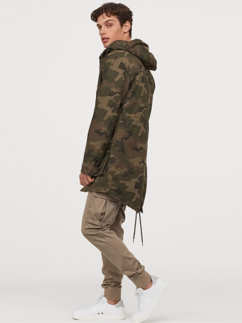 

H&M Men Olive Green Camouflage Print Cotton Twill Parka