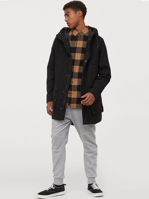 

H&M Mens Black Solid Cotton Twill Parka