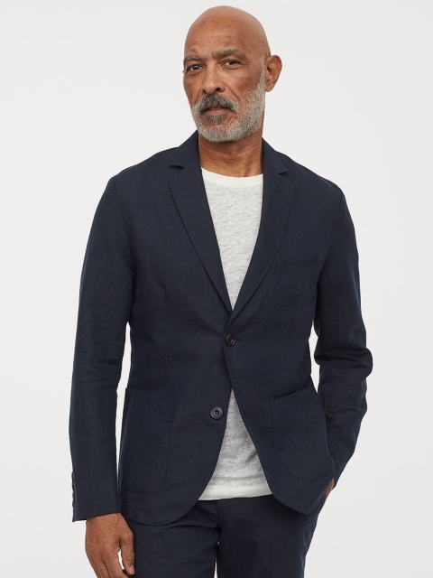 

H&M Men Navy Blue Solid Linen-Blend Jacket