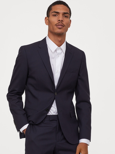 

H&M Men Navy Blue Slim Fit Single Breasted Blazer