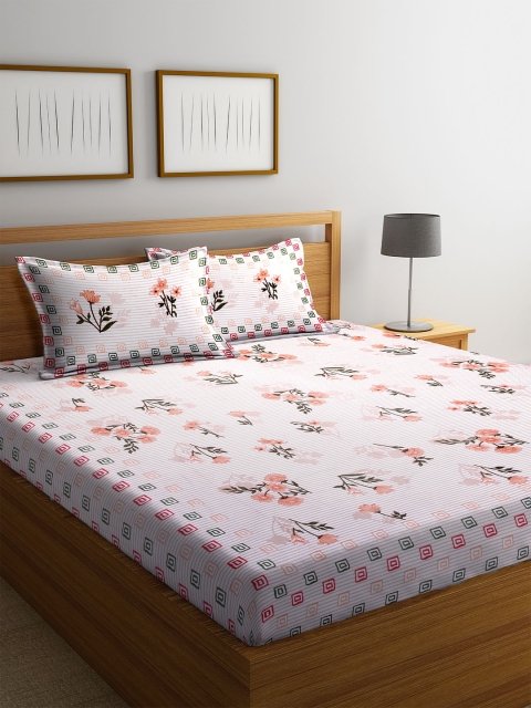 

DREAM WEAVERZ White & Beige Floral 300 TC Cotton 1 Queen Bedsheet with 2 Pillow Covers