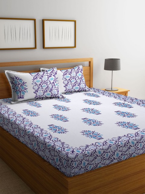 

DREAM WEAVERZ White & Blue Floral 300 TC Cotton 1 Queen Bedsheet with 2 Pillow Covers