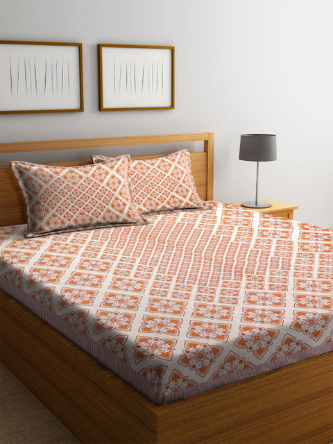 

DREAM WEAVERZ Off-White & Orange Ethnic Motifs 300 TC Cotton 1 Queen Bedsheet with 2 Pillow Covers