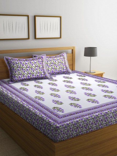 

DREAM WEAVERZ White & Purple Floral 300 TC Cotton 1 Queen Bedsheet with 2 Pillow Covers