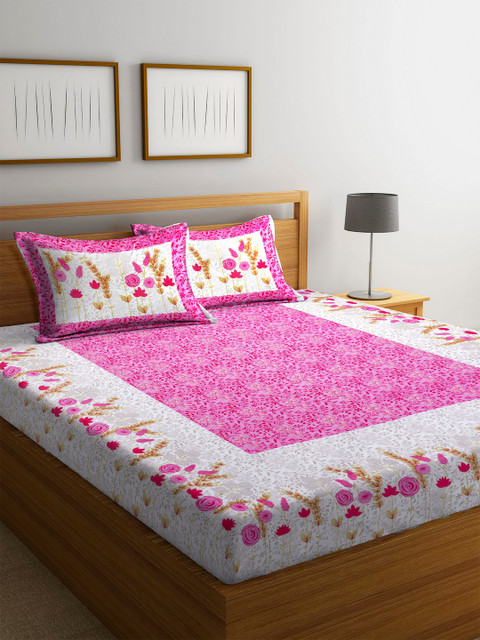 

DREAM WEAVERZ Pink & White Ethnic Motifs 300 TC Cotton 1 Queen Bedsheet with 2 Pillow Covers