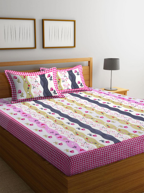 

DREAM WEAVERZ Pink & White Floral 300 TC Cotton 1 Queen Bedsheet with 2 Pillow Covers