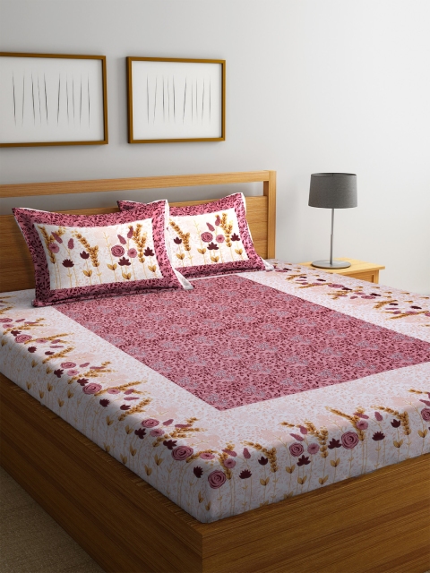 

DREAM WEAVERZ Magenta & Yellow Ethnic Motifs 300 TC Cotton 1 Queen Bedsheet with 2 Pillow Covers