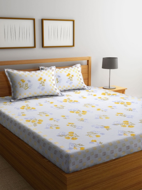 

DREAM WEAVERZ White & Yellow Floral Printed Queen Bedsheet with 2 Pillow Covers