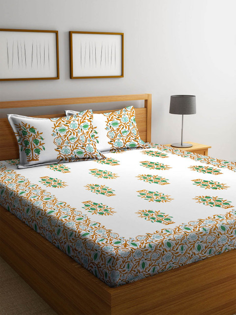 

DREAM WEAVERZ White & Green Ethnic Motifs 300 TC Cotton 1 Queen Bedsheet with 2 Pillow Covers