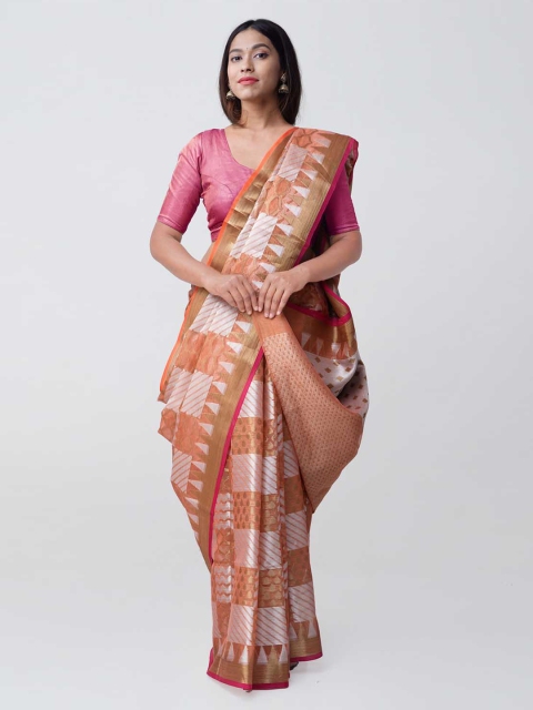 

Unnati Silks Orange & Pink Silk Cotton Woven Design Pure Banarasi Handloom Saree