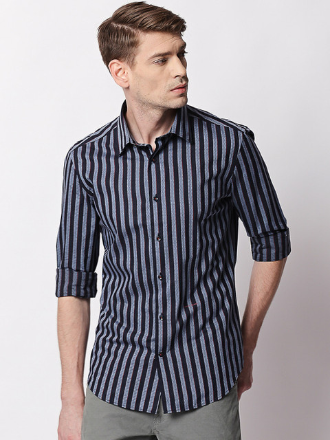 

RARE RABBIT Men Navy Blue Tailored Fit Striped Casual Shirt