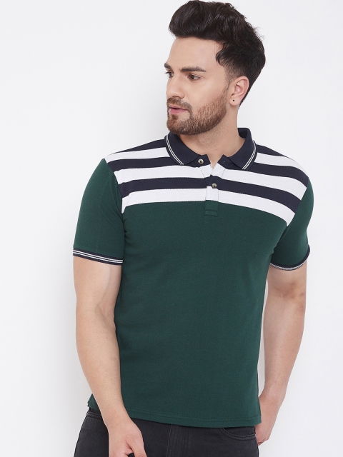 

Austin wood Men Green & White Striped Polo Collar T-shirt