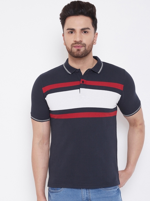 

Austin wood Men Navy Blue & White Striped Polo Collar T-shirt