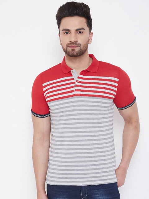 

Austin wood Men Grey & Red Striped Polo Collar T-shirt