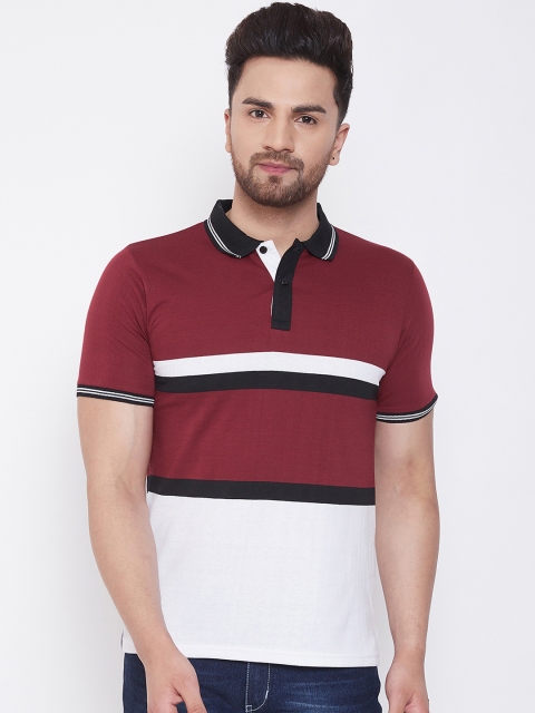 

Austin wood Men Maroon & White Striped Polo Collar T-shirt