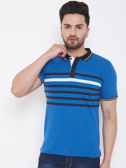 

Austin wood Men Blue Striped Polo Collar T-shirt