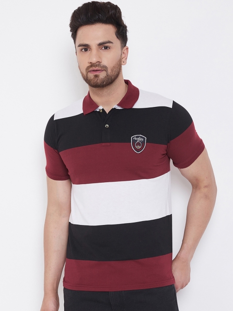 

Austin wood Men Maroon & Black Striped Polo Collar T-shirt