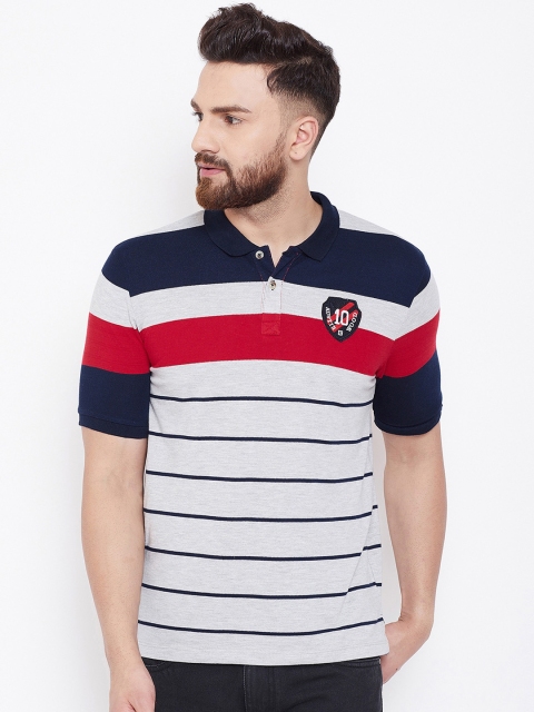 

Austin wood Men Grey & Navy Blue Striped Polo Collar T-shirt