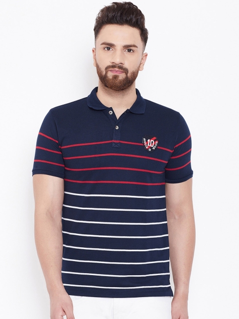 

Austin wood Men Navy Blue & Red Striped Polo Collar T-shirt