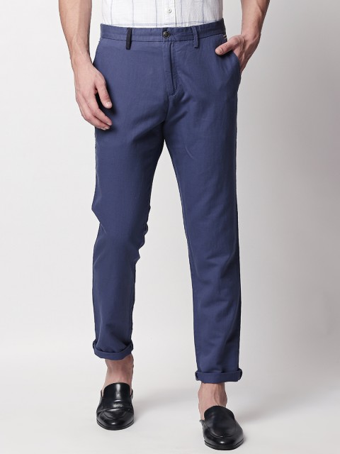 

RARE RABBIT Men Navy Blue Solid Straight Fit Linen Trousers