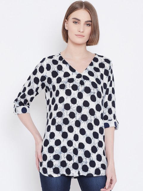 

METTLE Women White & Navy Blue Polka Dot Printed Top
