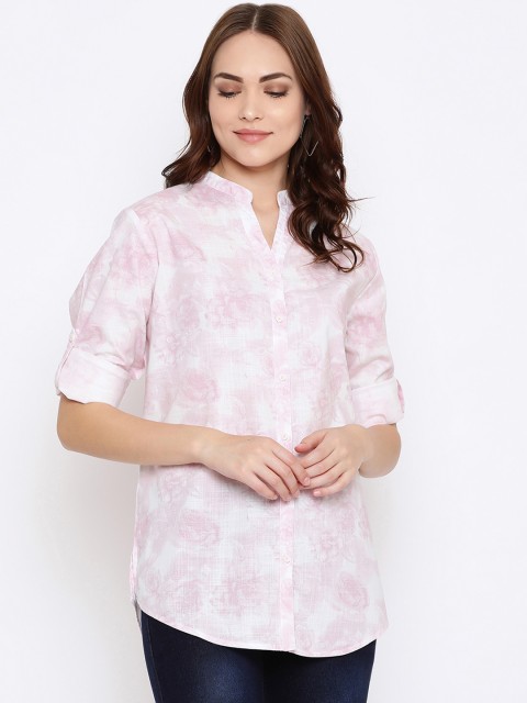 

METTLE Women Pink & White Regular Fit Printed Casual Shirt