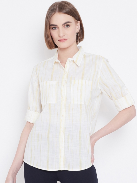 

METTLE Women Yellow & White Regular Fit Striped Casual Shirt