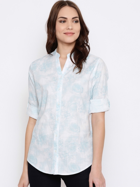 

METTLE Women White & Sea Green Regular Fit Printed Casual Shirt