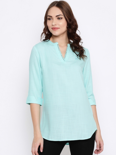 

METTLE Women Turquoise Blue Solid High-Low Top