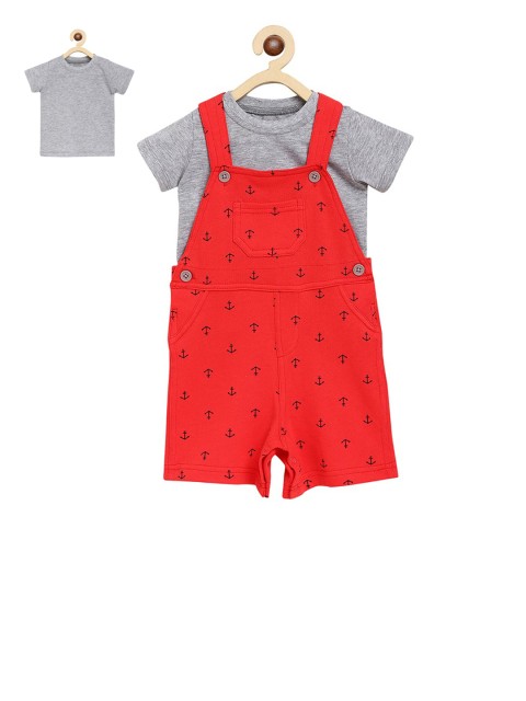 

ZONKO STYLE Unisex Kids Red & Grey Melange Solid T-shirt with Dungaree Shorts
