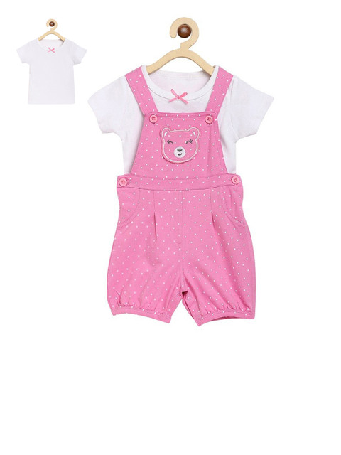 

ZONKO STYLE Unisex Kids Pink & White Solid T-shirt With Printed Dungarees