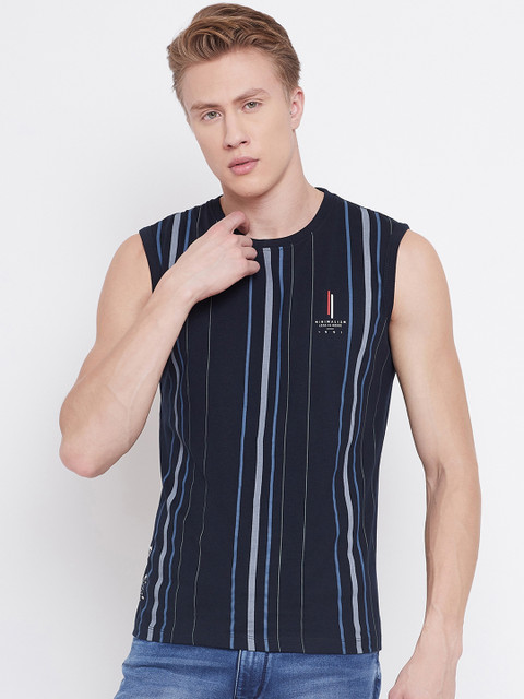 

Octave Men Navy Blue Striped Round Neck T-shirt