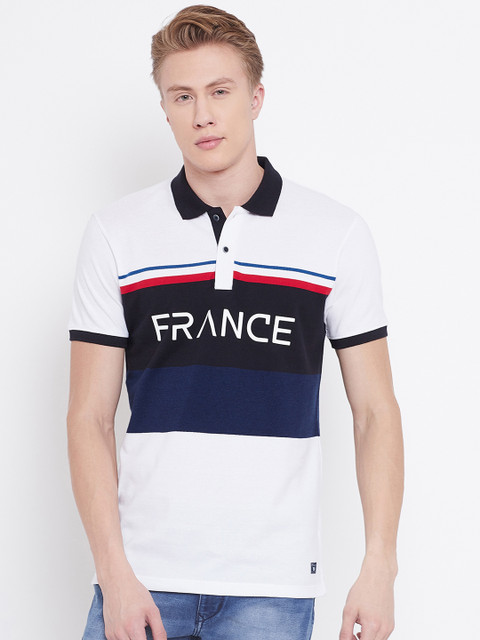 

Octave Men White & Navy Blue Colourblocked Polo Collar T-shirt With Printed Detailing