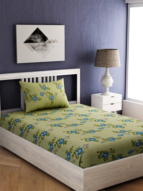 

EverHOME Green & Blue Floral 144 TC Cotton 1 Single Bedsheet with 1 Pillow Covers