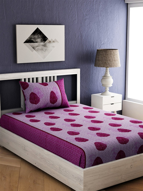 

EverHOME Purple Floral 144 TC Cotton 1 Single Bedsheet with 1 Pillow Covers