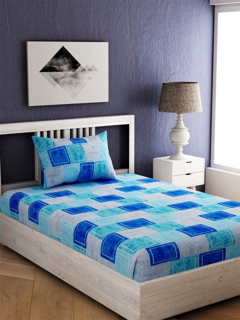 

EverHOME Blue & Sea Green Geometric 144 TC Cotton 1 Single Bedsheet with 1 Pillow Cover