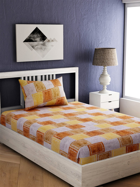 

EverHOME Brown & Yellow Geometric 144 TC Cotton 1 Single Bedsheet with 1 Pillow Covers