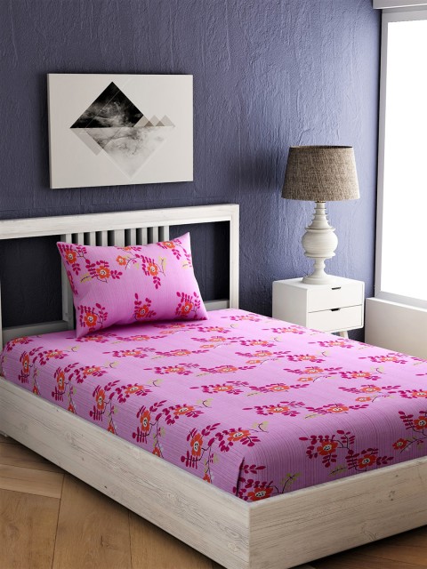 EverHOME Purple & Pink Floral 144 TC Cotton 1 Single Bedsheet with 1 Pillow Covers