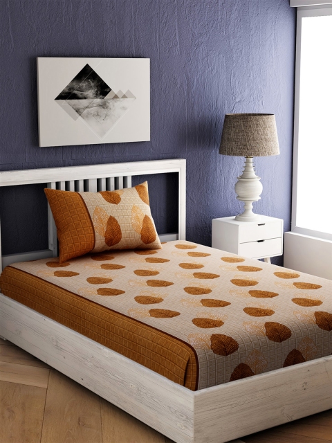 

EverHOME Brown & Cream-Coloured Floral Single Bedsheet with 1 Pillow Cover