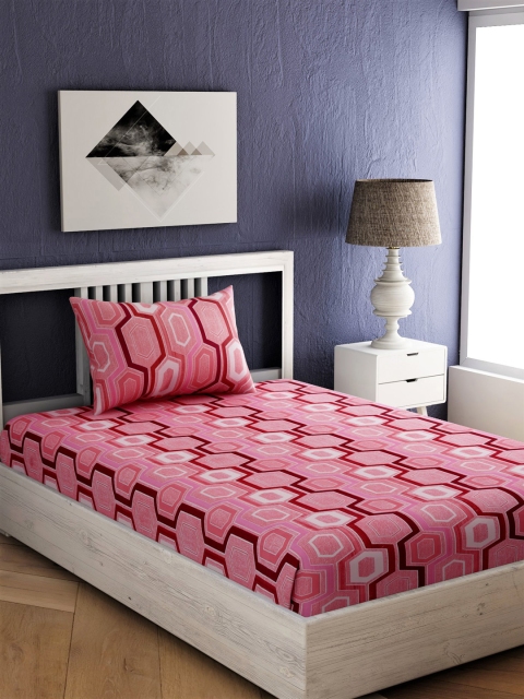 

EverHOME Pink & White Geometric 144 TC Cotton 1 Single Bedsheet with 1 Pillow Cover