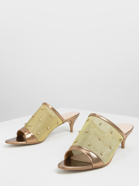 

CHARLES & KEITH Women Bronze & Gold Heeled Mules With Embellishments