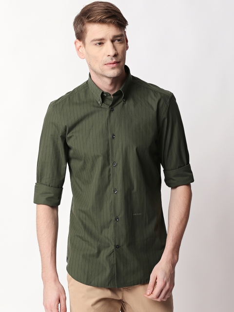 

RARE RABBIT Men Olive Green Tailored Fit Striped Casual Shirt