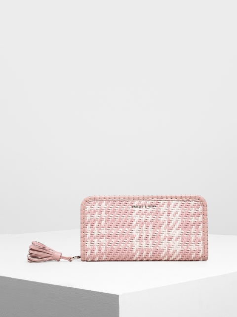 

CHARLES & KEITH Women Pink & White Woven Design Zip Around Wallet