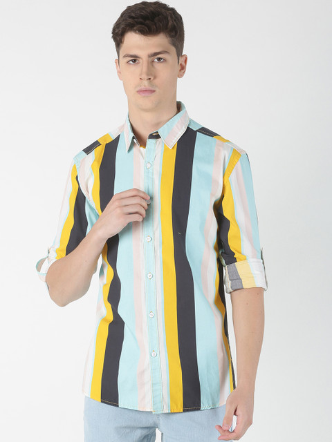 

Blue Saint Men Blue & Yellow Slim Fit Striped Casual Shirt