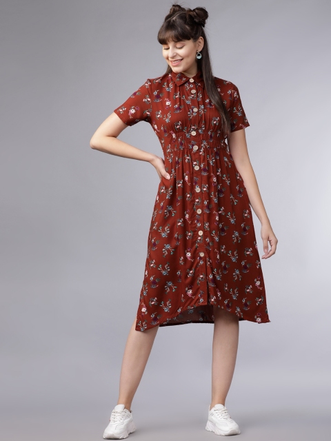

Tokyo Talkies Women Rust Floral Print Shirt Dress