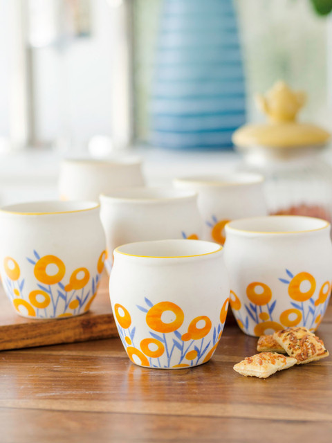 

GOODHOMES White & Orange 6 Pcs Ceramic Kullad Tea Cups