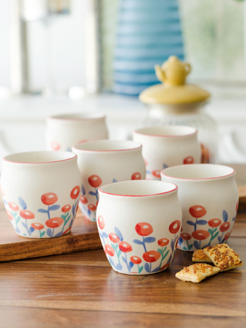 

GOODHOMES Set Of 6 White & Red Printed Ceramic Kulladhs
