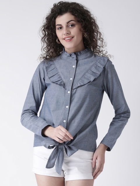 

Leo Sansini Women Blue Regular Fit Solid Casual Shirt With Tie-Up Detail