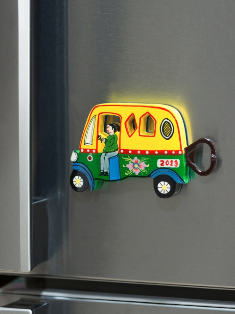 

ExclusiveLane Chilbil Wooden Hand-Painted The Riding Auto Fridge Magnet Bottle Opener, Yellow